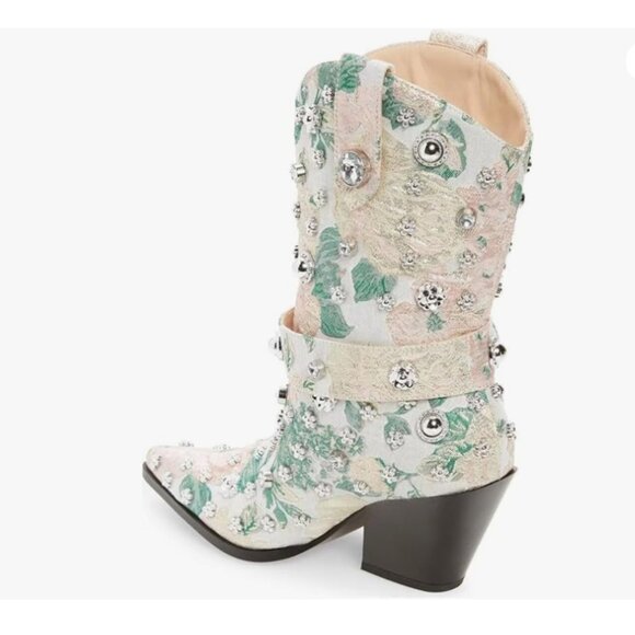 Rhinestone Mid Calf Pointed Toe Chunky Heel Cowgirl Boots - Picture 4 of 6